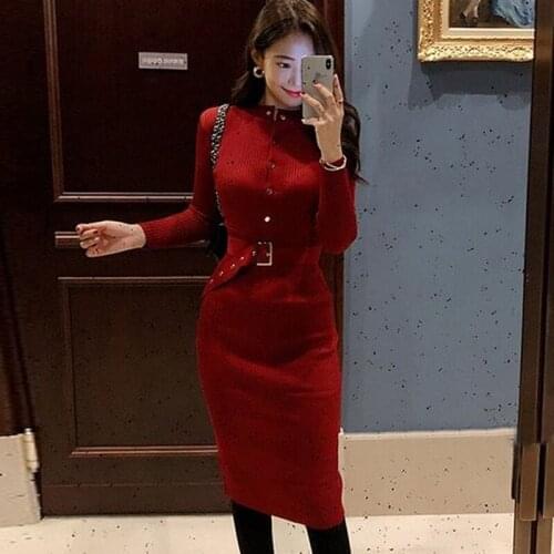 Wenfly Women O-neck Single Breasted Knitting Split Dress Long Sleeve Sashes Sheath Female Knee Length England Dresses