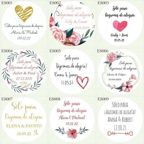 100 Customized Wedding / Evening Stickers,Spanish For Your Happer Tears Favors Tissues Labels, Personalised Invitation Seals