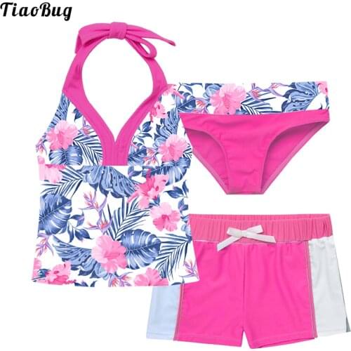 TiaoBug Summer 3Pcs Kids Girls Swimsuit Sleeveless Halter Neck Top Shorts With Briefs Flower Printed Beach Pool Bathing Swimwear