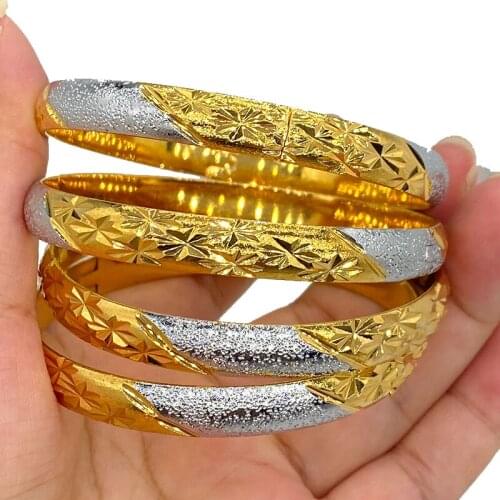 4Pcs/Lot Dubai two-tone 24k Gold Color Bangles for Women Men Ethiopian Bracelets African Jewelry Saudi Arabic Wedding Bride Gift