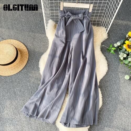 Women Wide Leg Pants 2020 Summer New Retro High Waist Slim Loose Pants Female Striped Sashes Vintage Trouser Femme