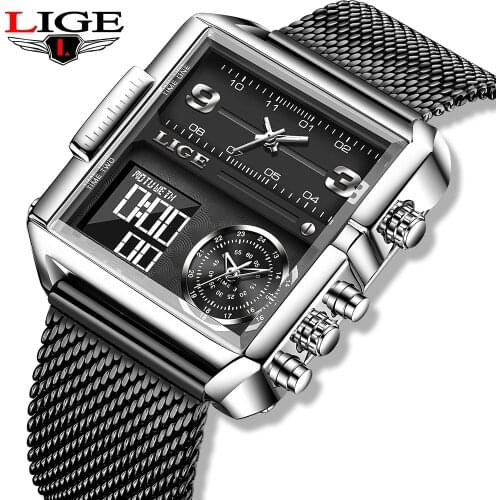 2021 LIGE Digital Watches Mens Top Luxury Brand Waterproof Square Wrist Watch Men Quartz Military Sports Watch Relogio Masculino