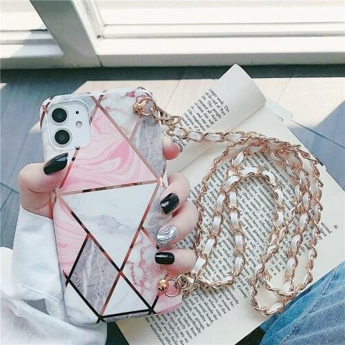 Luxury Leather chain marble lanyard Soft silicone phone case for Samsung Galaxy S9 S10 20 Plus Note ultra A50 A40 A51 A71 cover