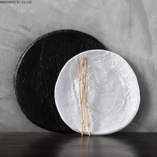 Black and White Ceramic Tray 10 Inch Round Solid Color Stone Tray Household Tableware Sushi Plate Steak Plate Snack Plate