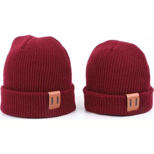 Q Multicolors Korean Style Baby Adult Keep Warm Baby Winter Cap with Leather Label Knit Hats Parent-child Woolen Hat for Kids