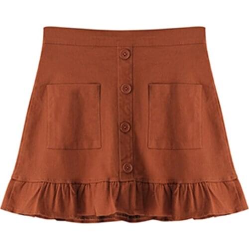 VSUE Denim Mini Skirt Colorful Solid Button High Street Empire Sweet Pocket Pleated Pencil Sheath White Black Khaki S0220