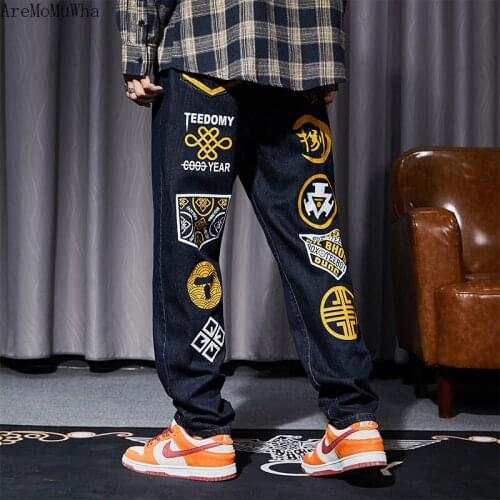 Spring Printed Jeans Mens Loose Trend All-match Straight Pants Tide Brand INS Korean Wide Leg Casual Pants Hip Hop Mens Jeans