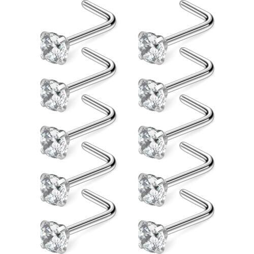 JFORYOU 10PCS 22G Surgical Steel Mix Color CZ Nose Stud Rings L Shaped Piercing Jewelry 1.5mm 2mm 2.5mm 3mm