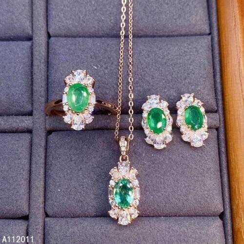 KJJEAXCMY Fine Jewelry 925 sterling silver inlaid natural gemstone emerald ring pendant earring set elegant supports test