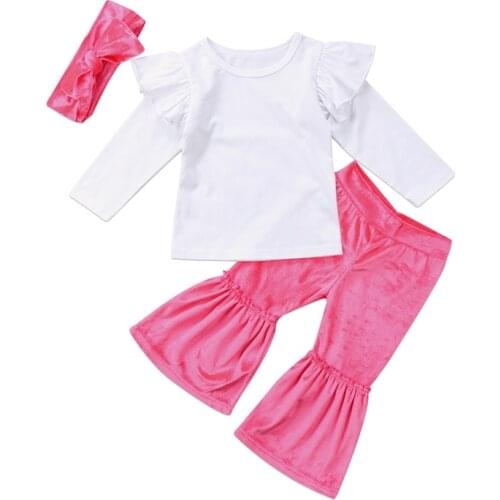 Sweet Children Clothing Fashion Newborn Baby Girls Ruffle Sleeve Tops+Flares Pants+Headband Outfits 3Pcs Baby Girl Clothes Set