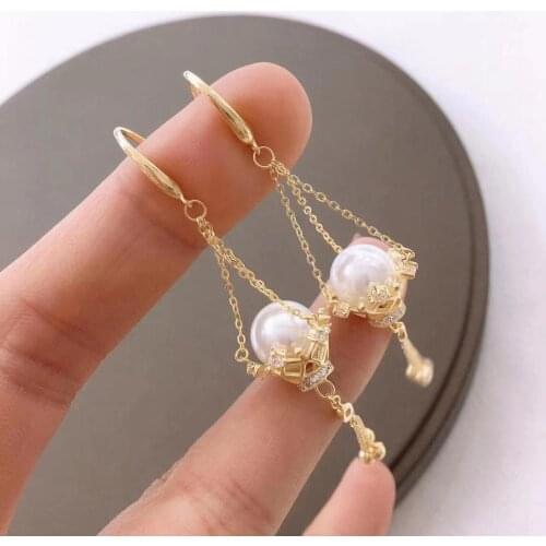 M1201 Solid S925 Sterling Silver Round 10-11mm Nature Fresh Water White Pearls Drop Dangle Earrings for Women Fine Presents