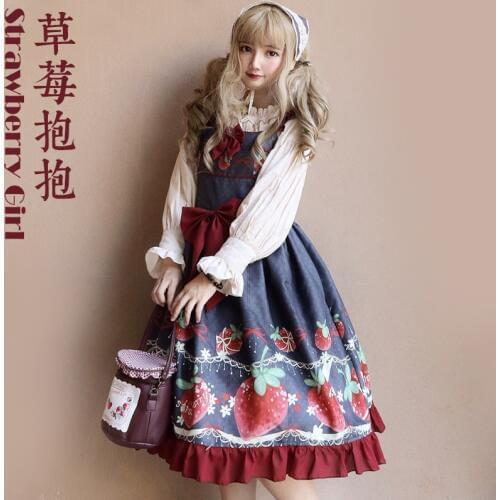 Original Design Strawberry Girl Womens Lolita JSK Dress Sleeveless Dress & White Dolly Long Sleeve Blouse & Head Scarf