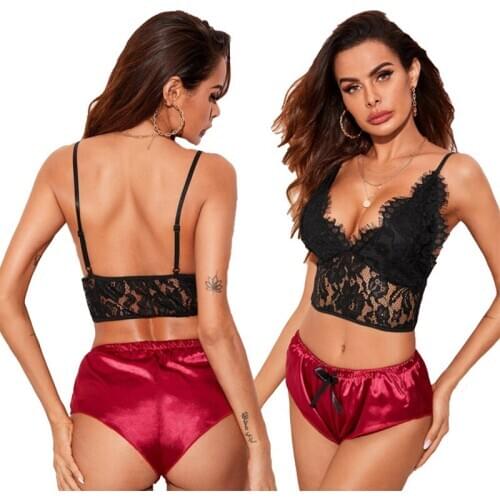 2020 Wholesale High Quality Silk Red Pajamas Set Lace Cami Tops Shorts Women Nightwear Autumn Winter Home Suit Ladies Sleepwear