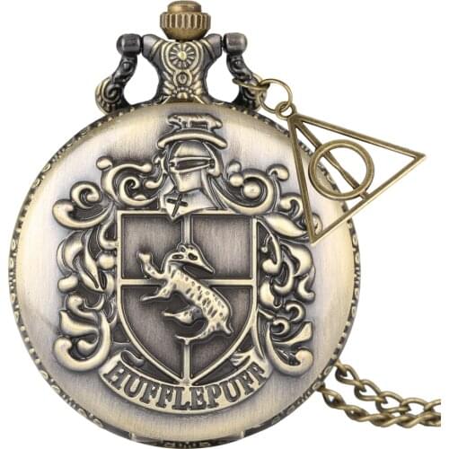 Popular Movie Extension Quartz Pocket Watches Hufflepuff Letter Engraved Theme Bronze Necklace Clock Vintage Watches + Accessory