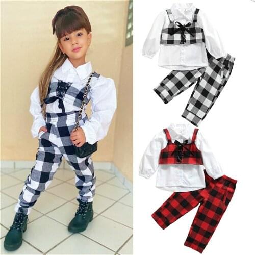1-6Years Fashion Baby Girls Clothes Sets 2021 Autumn Puff Long Sleeve Lapel Shirts + Plaid Vest + Pants 3Pcs Kids Outfit