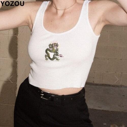 Harajuku vintage Chinese style dragon pattern embroidery crop top cropped tank white black casual bodycon women female YL-75