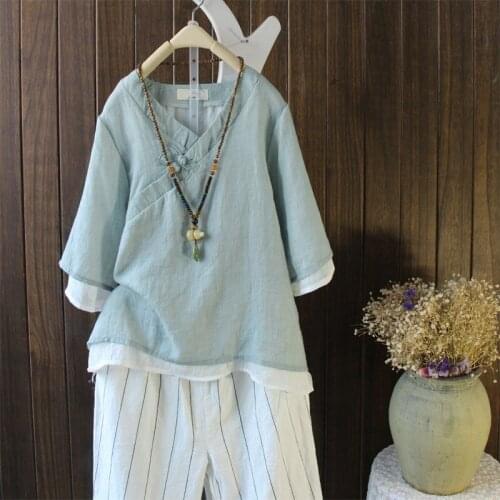 Chinese Style Cotton Linen Shirt Double Plate BUtton V Neck Vintage Tops Women Solid 5 Colors Half Sleeve Loose National Blouse