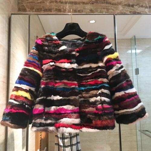 Genuine real natural mink fur coat womens fashion multi-color colorful stripe jacket warm winter 60CM length full sleeve