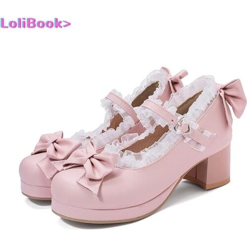 Girls Sweet Lolita Ruffles Bowknot Lace Bridal Wedding Shoes Women High Heel Bordered Princess Dress Men Pink Plus Size 30-48