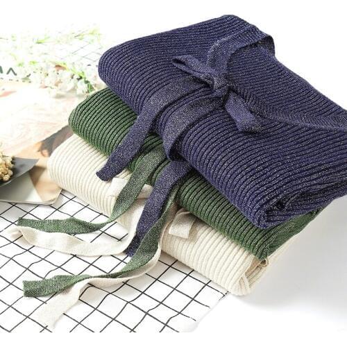 2019 Autumn Winter New Women Round neck Long Sleeve Knit Sweater Female Shiny Glitter Flare Sleeve Bow Slim Basic Knitted Tops