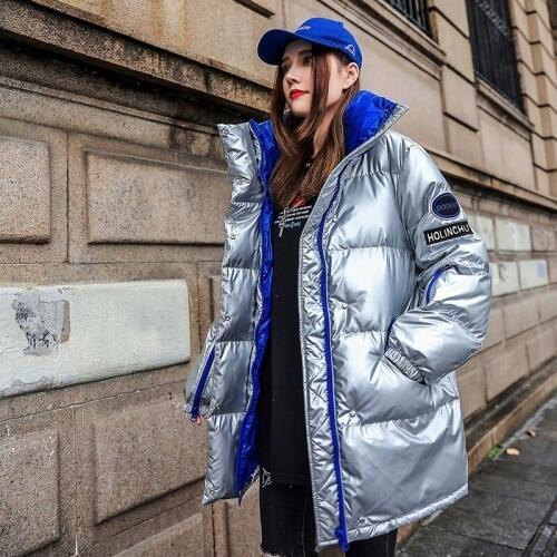 2019 new silver color winter coats plus size loose casual warm bf bread jackets women padded stand collar cotton coat HK102