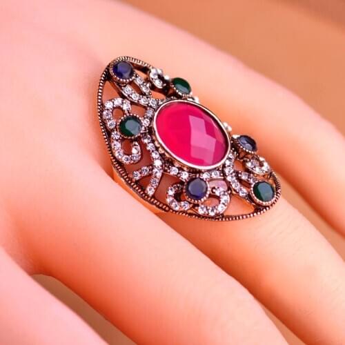 Blucome Vintage Turkish Antique Gold Color Ring Green Round Resin Acrylic Crystal Rings Feminine Women Party Accessories Bijoux