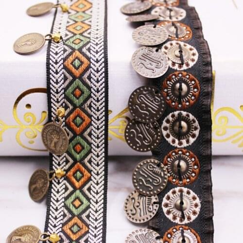 1 Yard Vintage Ethnic Embroidery Lace Ribbon Tassel Fringe Trim Metal Charms DIY Sewing Garment Shoes Bag Materials Accessory