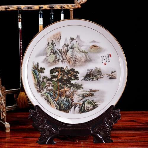 25 cm Fine Bone China Plate High Quality Ceramic Ornamental Plate Chinese Style Decoration Plate Wood Base Porcelain Plate Set
