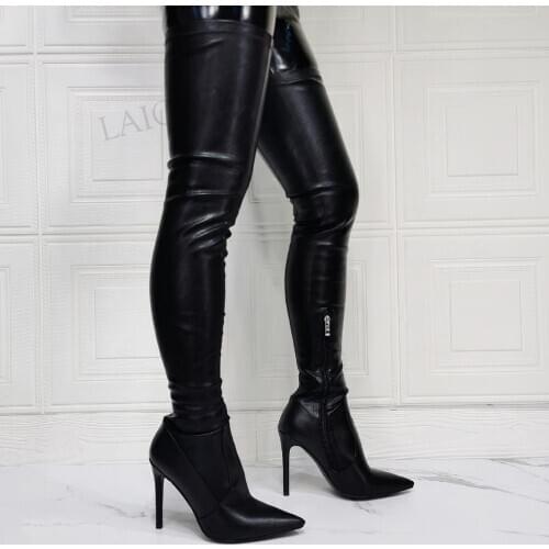 BERZIMER Women Thigh High Boots Stretchy Side Zip Stiletto Heels Boots Black Faux Leather Ladies Shoes Woman Size 41 43 45 47