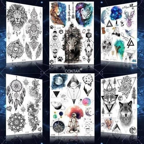 Big Tiger Lion Forest Wolf King Temporary Tattoos For Men Large Arm Waterproof Tattoo Sticker Paper Animal Spaceman Art Tatoos