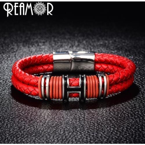 REAMOR 316l Stainless Steel Male Bracelets Letter H Design Red/Black Double Layers Braided Leather Bangle Woman Trendy Jewelry