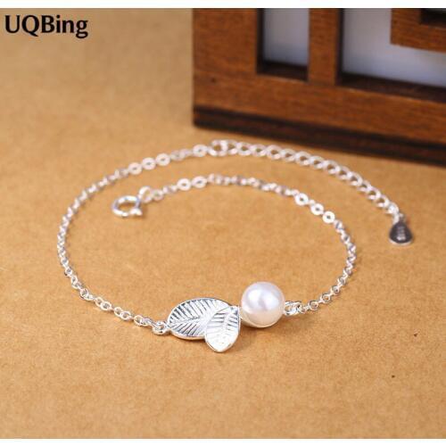 925 Sterling Silver Bracelets Pure Sterling Silver 925 Leaf Pearl Charm Bracelets Jewelry Pulseras Pulseira