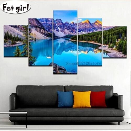 Natural landscape painting 5 panel Diamond Painting cross stitch Embroidery 5D diy Mountain, lake mosaic full square round drill