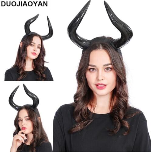 DUOJIAOYAN 2020 Halloween Horn Headband Gothic Devil Headwear Costume Unisex Hairband Photo Props Cosplay Party Black Headdress