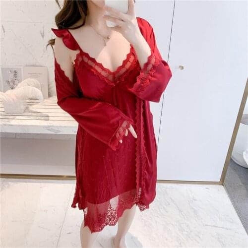 Summer Burgundy Robe Set Bride Bridesmaid Wedding 2PCS Sleepwear Lace Kimono Gown V-neck Sleep Set Casual Intimate Lingerie