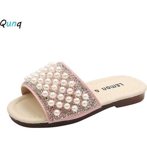 Qunq Summer Girls Slippers Soft Bottom Pearl Princess Shoes for Girl 2021 New Fashion Toddler Children Beach Slipper