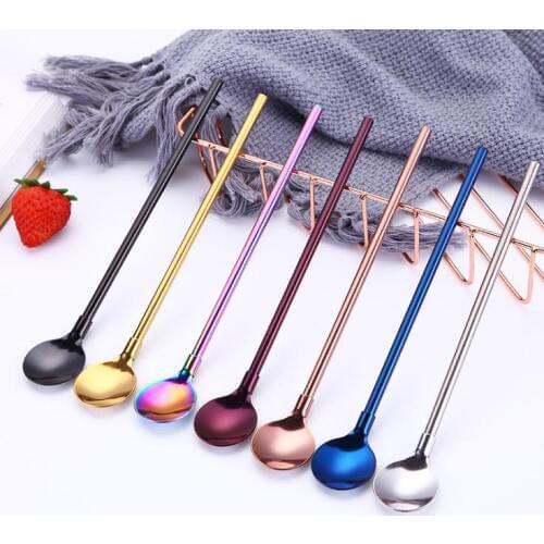 Stainless Steel Long Straws Spoon Long Handle Mixing Spoon Coffee Milk Tea Stirrer Bar Supply SN1057