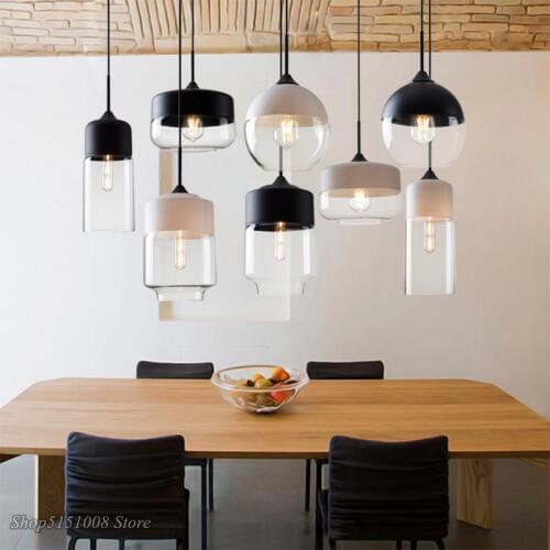 Nordic Metal Industrial Glass Pendant Light Black Loft Bar Dining Room Kitchen Hanging Lamp Luminaire Iron+Glass Lampshade Decor