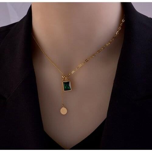 Fashion Gold Color Stainless Steel Asymmetric Beads Chain Necklace Woman Accessories, Simple Green Crystal Necklaces Jewelry