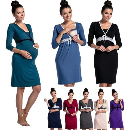 Maternity Nursing Baby Dresses Sexy Lace Floral 3/4 Sleeve Breast Feeding Women Pregnants Room Nightdress For Pregnancy Clothing