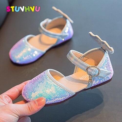 2021 New Toddler Girl Leather Shoes Spring Sequin Kids Shoes Shallow Mouth Soft Sole Little Girl Childrens Shoes Casual Flats