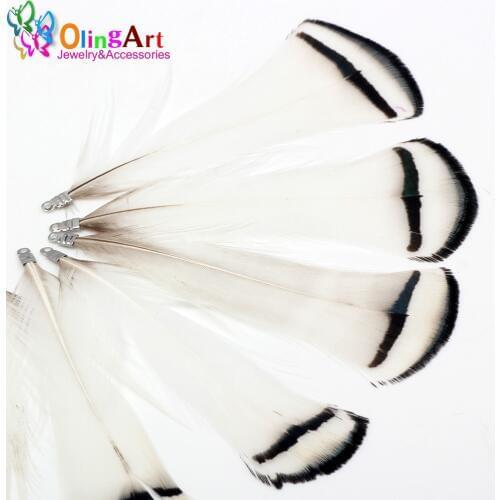 OlingArt Natural Feathers 12pcs 8cm White Black Stripes Women Necklace Earrings Tassels DIY Jewelry Making Keychain Pendants