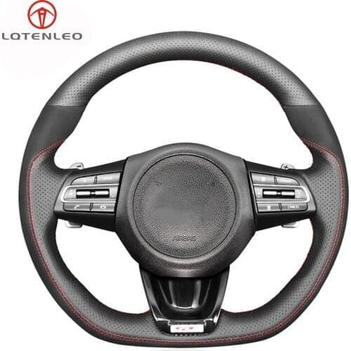 LQTENLEO Black Genuine Leather Suede Hand-stitched Car Steering Wheel Cover For Kia Stinger 2017 2018 2019 2020