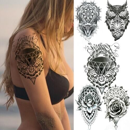 Beauty Diamond Temporary Tattoo For Women Girls Black Flower Crystal Fake Tatoo Body Art Drawing Tattoo Sticker Makup Tips