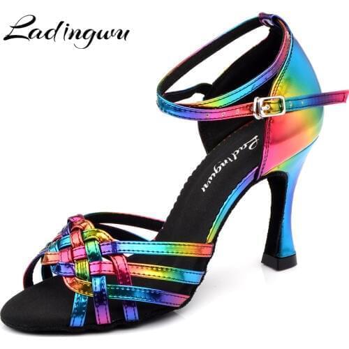 Free Shipping Latin salsa shoes lady Ladingwu Rainbow Color 2019 PU 9cm Heel Ballroom Latin Dance Shoes women New Brand