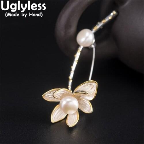 Uglyless Elegant Pearls Brooches for Women Eastern Beauty 925 Silver Lotus Flowers Pins Brooches Natural Pearls Men Jewelry Gold