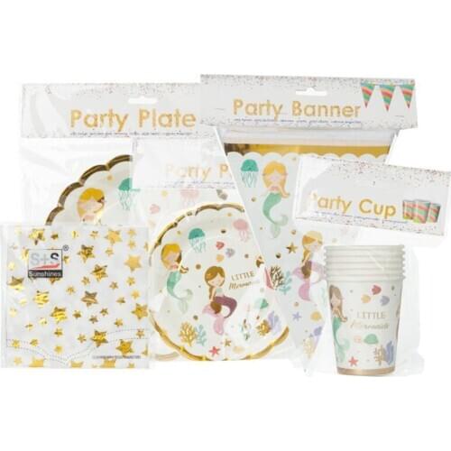High Quality Mermaid Theme Plate Cup Banner Bithday Party Favors Disposable Tableware Decoration for Kids
