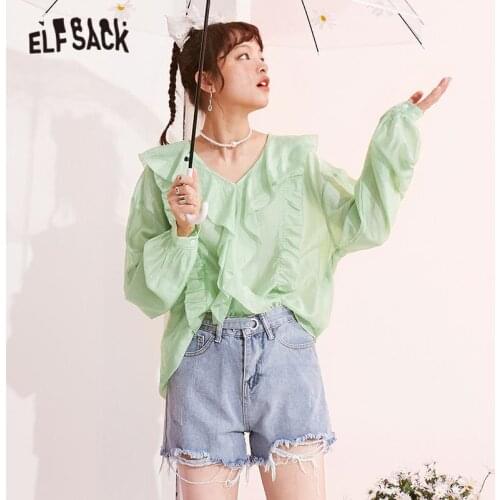 ELFSACK Solid Pure Chic Ruffle Shirt Women,2021 Summer Vintage Full Sleeve Sweety Girly Basic Daily Minimalist Top