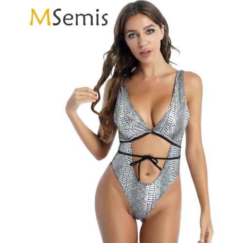Womens Shiny Snakeskin Print Swimsuit Sleeveless Bodysuit Beachwear Removable Padded Lace-up Cutout High Cut Leotard Swimwear