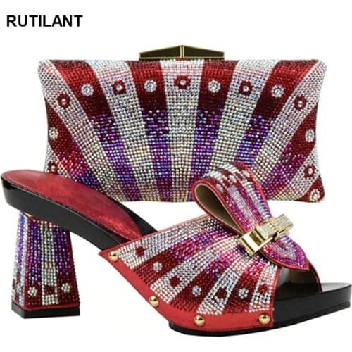 Women Shoes and Bag Set In Italy Red Color Italian Ladies Shoe and Bag Set Decorated with Rhinestone High Quality Shoes and Bags